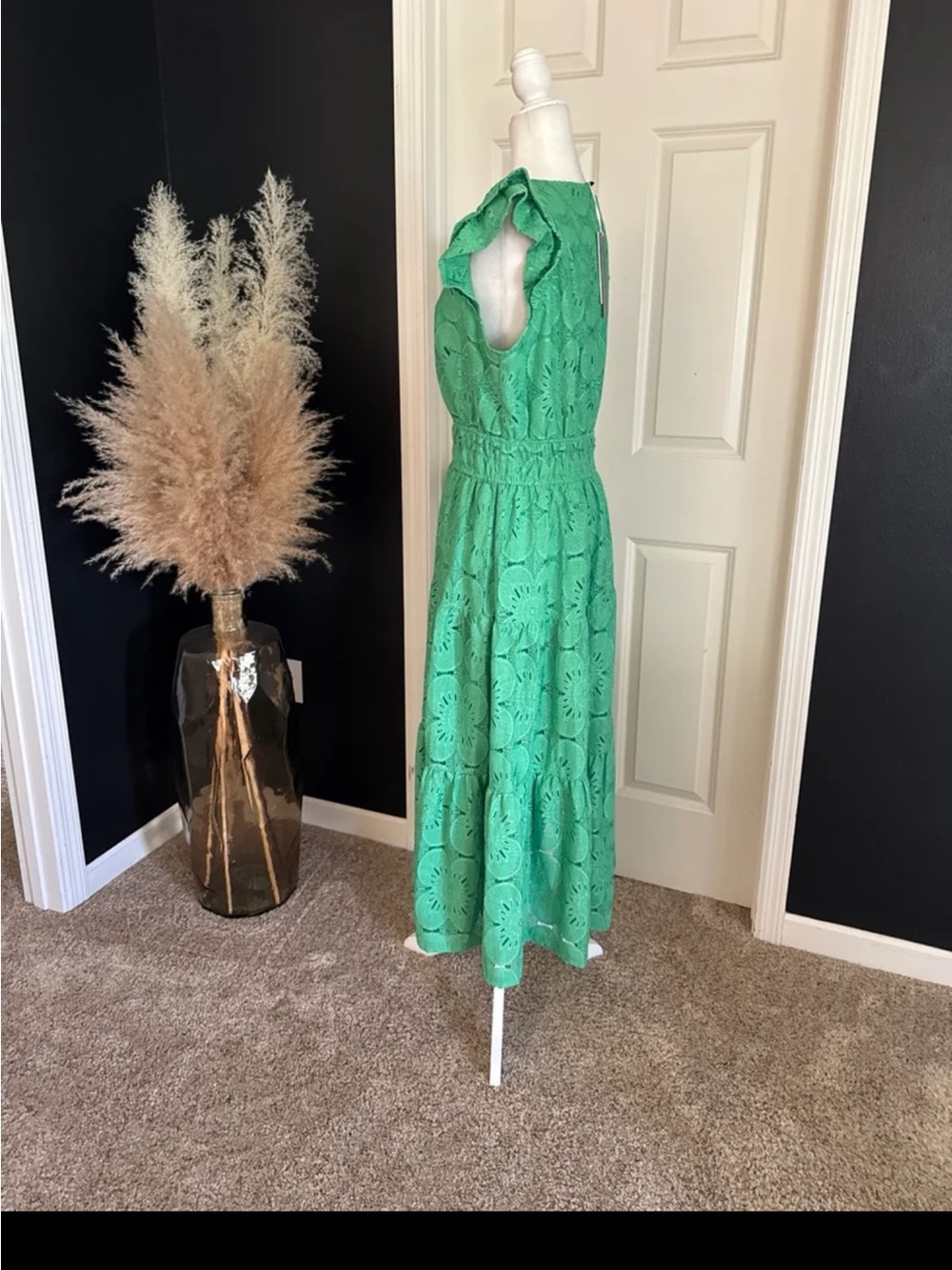 NWT PRETTYGARDEN Boho Maxi Dress Floral Lace Eyelet V-Neck In Green Size Large - Picture 9 of 12